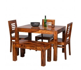 Sheesham Wooden Dining Table 4 Seater | Dining Table Set with 3 Chairs & 1 Bench | Home Dining Room Furniture | Honey Finish