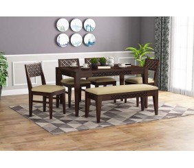 MAHIMART AND HANDICRAFTS Solid Sheesham Wood 6 Seater Dining Table Set with 4 Cushion Chair and 1 Bench for Fascinating Dining Room | Walnut Finish (Walnut Finish)