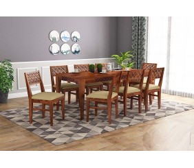 Solid Sheesham Wood 8 Seater Rectangle Dining Table Set with 8 Cushion Chairs for Fascinating Living Room, Lounge, Hotel | Walnut Finish (Honey Finish)