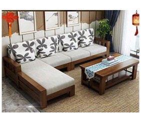 Sheesham Solid Wood L-Shape Sofa Set for Living Room |Sofa with Center Table Set |Walnut Brown Finishing