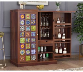 Mahimart And Handicrafts Sheesham Wood Bar Cabinet | Modern Tile Door | Cocktail || Storage Cabinets | Wine/Whisky/Scotch All Type Drinks | for Living Room | Honey Brown Finish