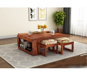 MAHIMART AND HANDICRAFTS  Vesta Sheesham Wood Coffee Table with Four Stools