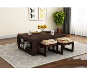 MAHIMART AND HANDICRAFTS  Vesta Sheesham Wood Coffee Table with Four Stools