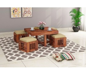 MAHIMART AND HANDICRAFTS  Petlin Sheesham Wood Coffee Table with 4 Seating Stools