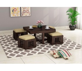 MAHIMART AND HANDICRAFTS  Petlin Sheesham Wood Coffee Table with 4 Seating Stools