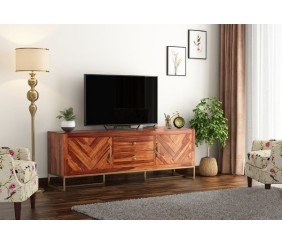 MAHIMART AND HANDICRAFTS Jett Metal Base Sheesham Wood Tv Unit with Drawers and Cabinets