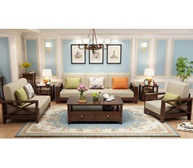 Mahimart And Handicrafts Sheesham Solid Wood 5 Seater Sofa Set with Centre Table for Living Room | Wooden Sofa Set for Living Room Furniture (2+2+1, Blue) (3+2+1 with Center Table)