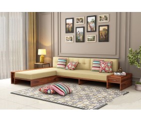 MAHIMART AND HANDICRAFTS Cortez L-Shaped Wooden Sofa with Side Storage Drawer