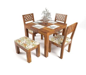 Mahimart And Handicrafts Sheesham Wood 4 Seater Dining Table with Bench & Chair || Dining Table Set || Dining Room Set || Dining Table 4 Seater || 4 Seater,Teak Finish