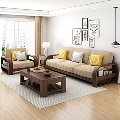 MAHIMART AND HANDICRAFTS Sheesham Solid Wood 7 Seater Sofa Set Without Small Pillow for Living Room ( Without Centre Table ) Fabric 3 + 2 + 1 + 1 Brown Sofa Set  (Delivery condition - DIY(Do-It-Yourself))