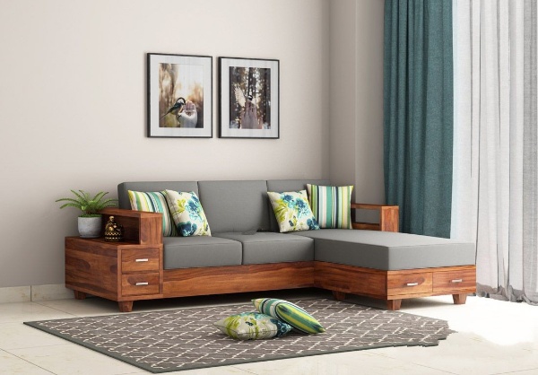 MAHIMART AND HANDICRAFTS Solace L-Shaped 5 Seater Wooden Sofa with Washable Zipper Cover