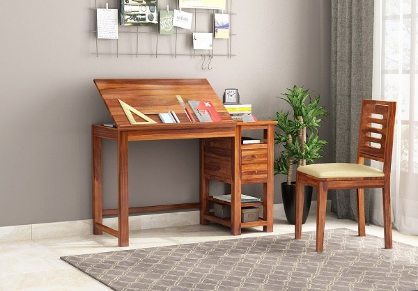 MAHIMART AND HANDICRAFTS Graham Study Cum Drafting Table with Drawer and Open Shelves