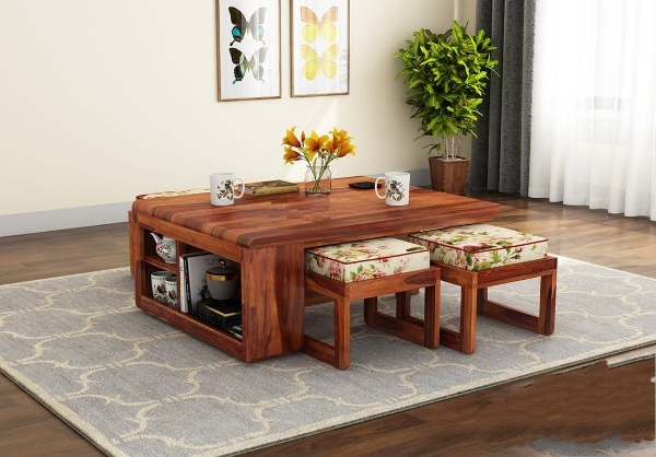 MAHIMART AND HANDICRAFTS  Vesta Sheesham Wood Coffee Table with Four Stools
