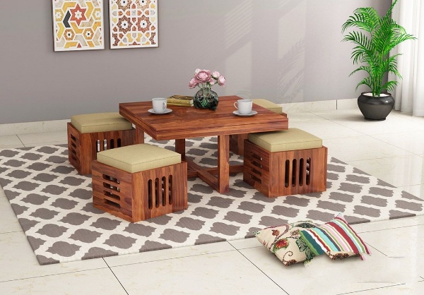 MAHIMART AND HANDICRAFTS  Petlin Sheesham Wood Coffee Table with 4 Seating Stools