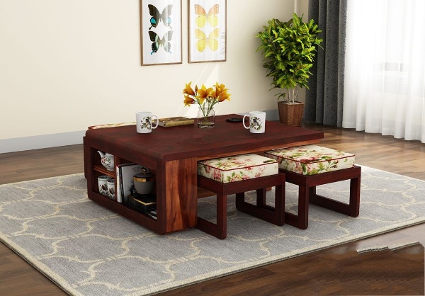 MAHIMART AND HANDICRAFTS  Vesta Sheesham Wood Coffee Table with Four Stools
