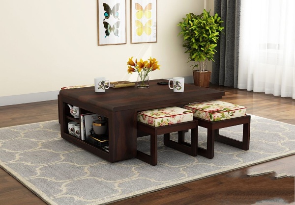 MAHIMART AND HANDICRAFTS  Vesta Sheesham Wood Coffee Table with Four Stools