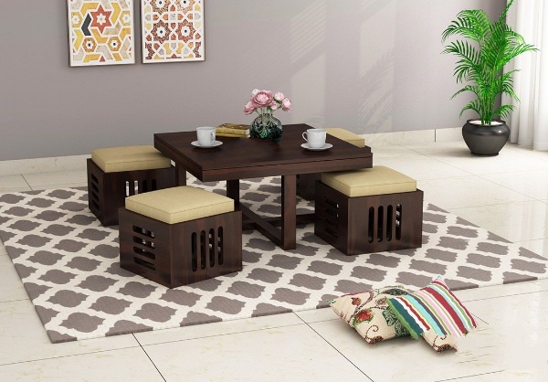 MAHIMART AND HANDICRAFTS  Petlin Sheesham Wood Coffee Table with 4 Seating Stools