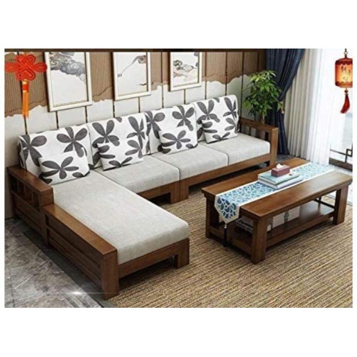 SHEESHAM SOLID WOOD L-SHAPE SOFA SET FOR LIVING ROOM |SOFA WITHOUT CENTER TABLE SET |WALNUT BROWN FINISHING
