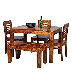 MAHIMART AND HANDICRAFTS Sheesham Wooden Dining Table 4 Seater | Dining Table Set with 3 Chairs & 1 Bench | Home Dining Room Furniture | Honey Finish