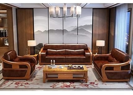MAHIMART AND HANDICRAFTS Sheesham Wood Solidwood 6 Seater Sofa Set for Living Room | Couch Leather Sofa Set for Living Room Home Hall Guestroom(3+2+1)WITHOUT CENTER TABLE (Leather Brown Finish)