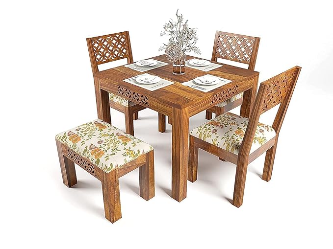 Mahimart And Handicrafts Sheesham Wood 4 Seater Dining Table with Bench & Chair || Dining Table Set || Dining Room Set || Dining Table 4 Seater || 4 Seater,Teak Finish