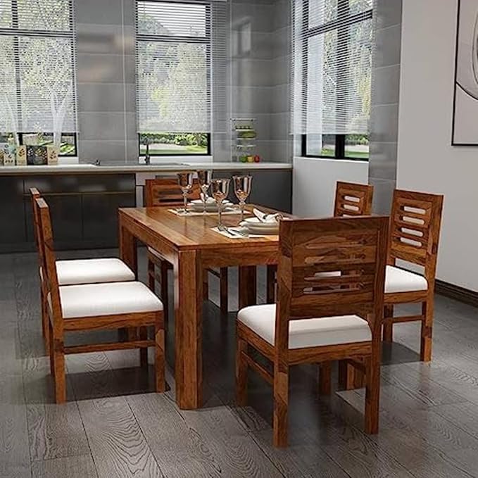 Mahimart And Handicrafts Sheesham Wood Dining Table(57x35) with 6 Chairs | 6 Seater Dining Set | Wooden Dining Table with Chair - Dining Room Furniture |Finish Color :- Honey Finish with Cream Cushions