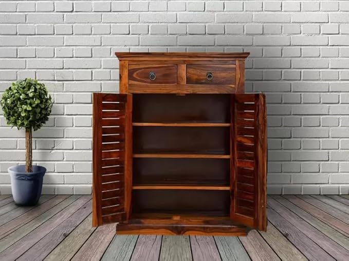MAHIMART AND HANDICRAFTS Solid Sheesham Wood Shoe Rack with 2 Drawer forLiving Room | Shoe Cabinet with 3 Shelves & 2 Door | Cabinet Storage | Wooden Shoe Rack Home | Brown Honey Finish