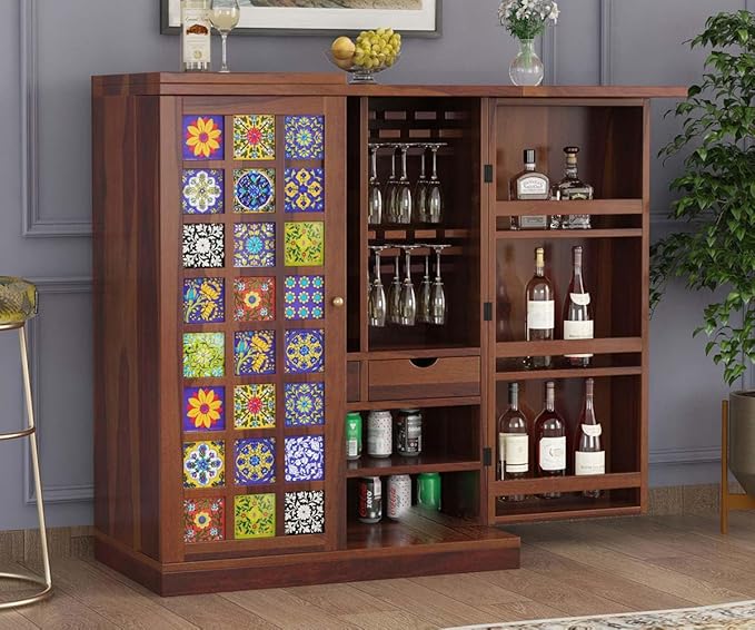 Mahimart And Handicrafts Sheesham Wood Bar Cabinet | Modern Tile Door | Cocktail || Storage Cabinets | Wine/Whisky/Scotch All Type Drinks | for Living Room | Honey Brown Finish