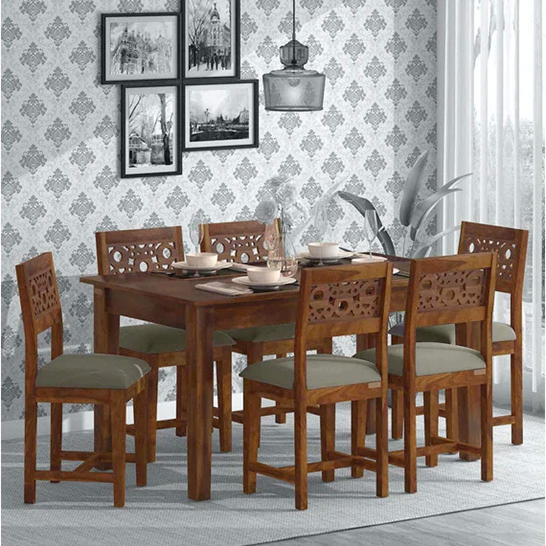 Solid Sheesham Wood Dining Table 6 Seater | Six Seater Dinning Table with Cushion Chairs | Dining Room Sets | Natural Honey Finish (Natural Honey Finish)