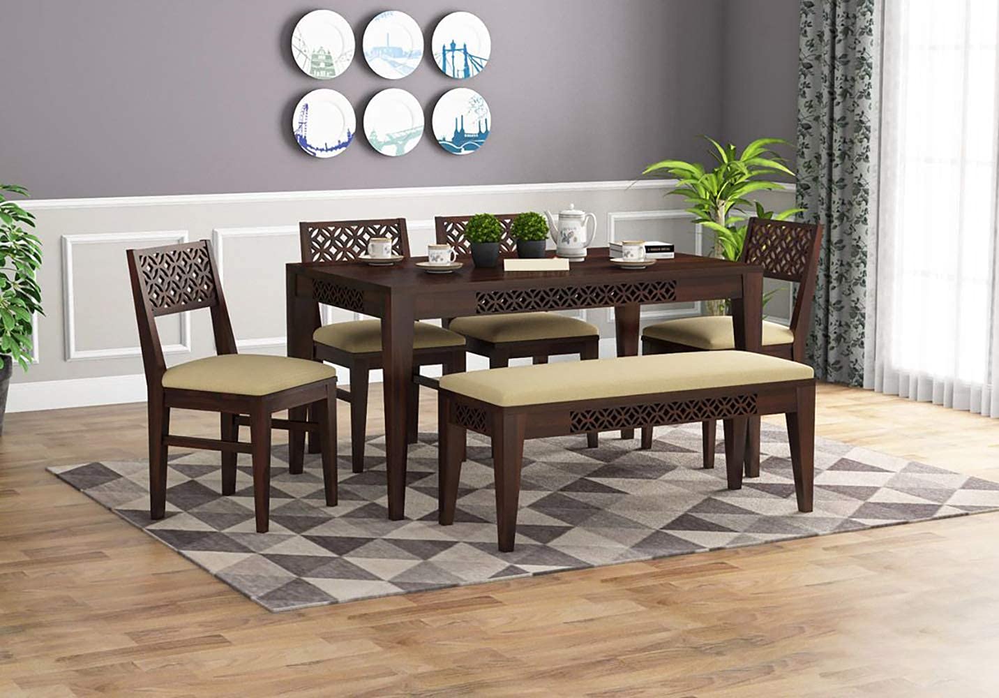 MAHIMART AND HANDICRAFTS Solid Sheesham Wood 6 Seater Dining Table Set with 4 Cushion Chair and 1 Bench for Fascinating Dining Room | Walnut Finish (Walnut Finish)