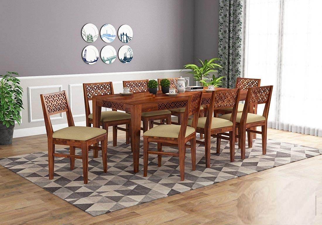 Solid Sheesham Wood 8 Seater Rectangle Dining Table Set with 8 Cushion Chairs for Fascinating Living Room, Lounge, Hotel | Walnut Finish (Honey Finish)