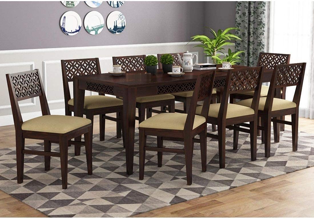 MAHIMART AND HANDICRAFTS Solid Sheesham Wood 8 Seater Rectangle Dining Table Set with 8 Cushion Chairs for Fascinating Living Room, Lounge, Hotel | Walnut Finish (Walnut Finish)