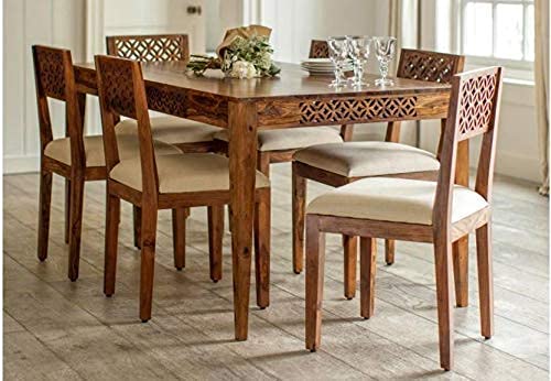 MAHIMART AND HANDICRAFTS Solid Sheesham Wood Dining Table Set with 6 Chairs for Fascinating Living Room | Premium Maharaja Collection 6 Seater Dining Set | Natural Honey Finish (Honey Finish)