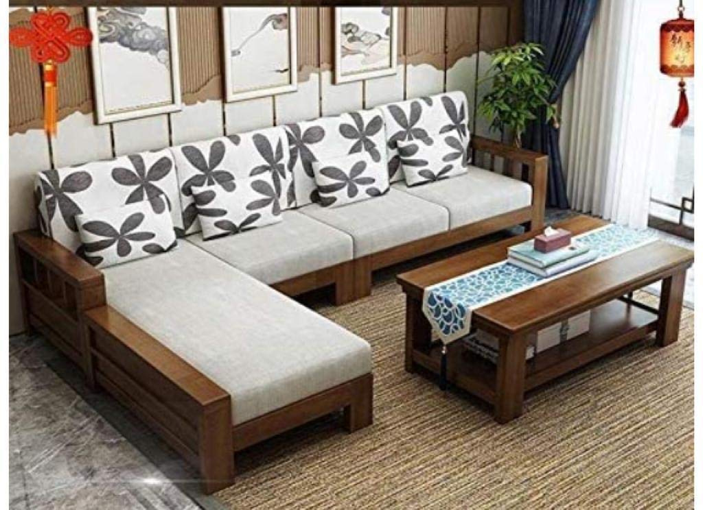 Sheesham Solid Wood L-Shape Sofa Set for Living Room |Sofa with Center Table Set |Walnut Brown Finishing