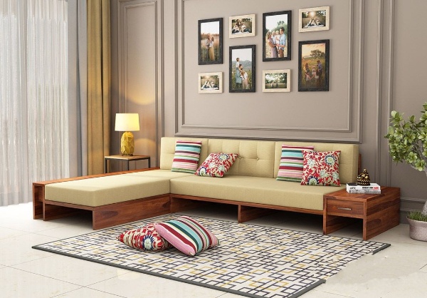 MAHIMART AND HANDICRAFTS Cortez L-Shaped Wooden Sofa with Side Storage Drawer