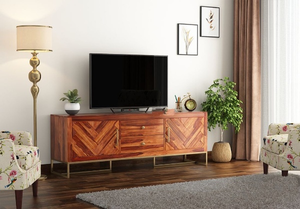 MAHIMART AND HANDICRAFTS Jett Metal Base Sheesham Wood Tv Unit with Drawers and Cabinets