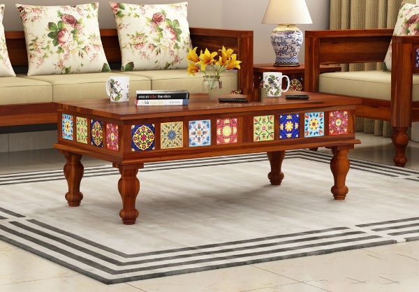 MAHIMART AND HANDICRAFTS  Boho Coffee Table with Ceramic Tiles
