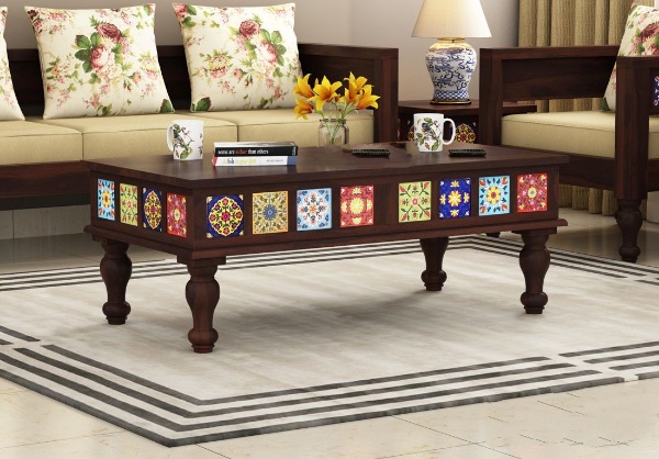MAHIMART AND HANDICRAFTS  Boho Coffee Table with Ceramic Tiles