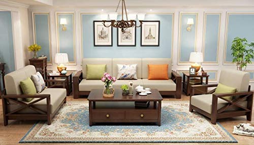 Mahimart And Handicrafts Sheesham Solid Wood 7 Seater Sofa Set without Centre Table for Living Room | Wooden Sofa Set for Living Room Furniture (3+2+1+1, Blue)