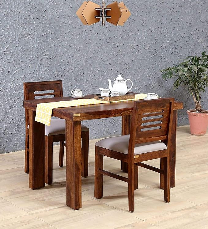 Mahimart And Handicrafts Sheesham Wood Dining Table 2 Seater | Wooden Dining Room Furniture | 2 Chairs with Cushion | Teak Finish