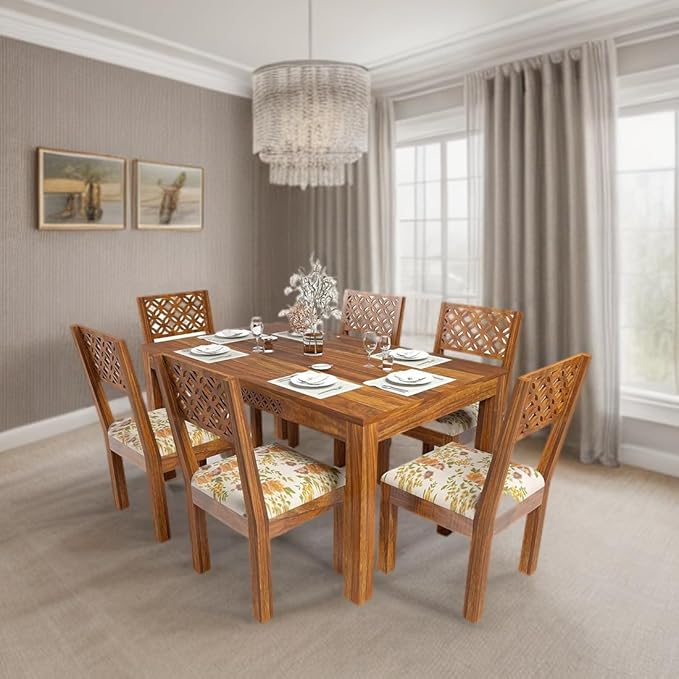 Mahimart And Handicrafts Sheesham Wood Dining Table(57x35) with 6 Chairs | 6 Seater Dining Set | Wooden Dining Table with Chair - Dining Room Furniture |Finish Color :- Honey Finish with Cushions