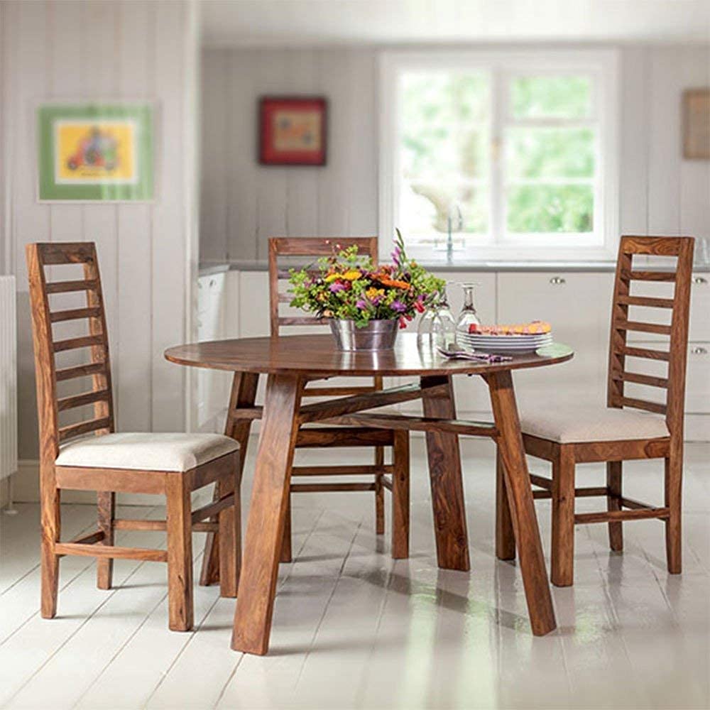 MAHIMART AND HANDICRAFTS Furniture World Round Dining Table with 4 Chairs (4 Seater - 3, Natural Honey Finish)