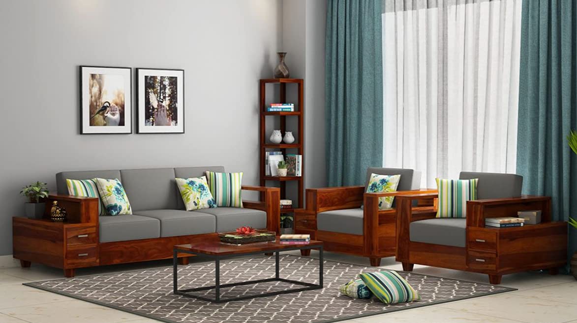 Sheesham Wood 6 Seater Sofa Set Without Center Table for Living Room | Wooden Sofa Set for Living Room Furniture (3+2+1, Natural Brown Finish)