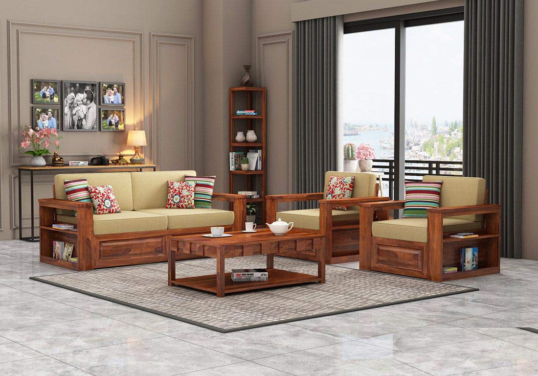 Mahimart and Handicraft Sheesham Solid Wood Wendel Wooden 5 Seater Sofa Set with Center Table for Living Room